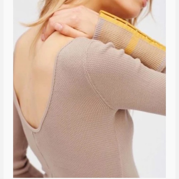 FP |  WTF Taupe Thermal Striped Cuffs Scoop Neck Keyhole Boho Long Sleeve Shirt - Picture 3 of 14